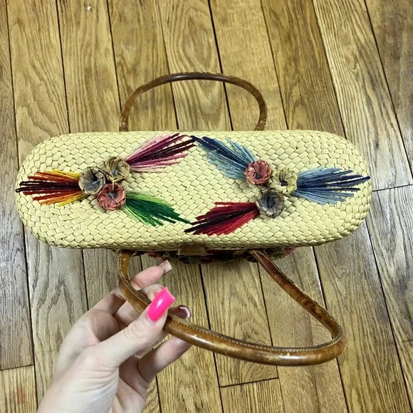 Vintage Straw Woven Tote Bag Floral Feather Embroidery‎ Top Handle Clutch - Picture 3 of 9